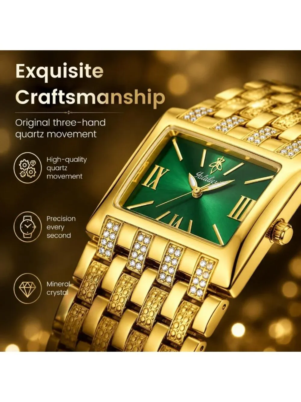 Women's Gold Green Rectangular Crystal Bangle Stainless Steel Quartz Wrist Watch
